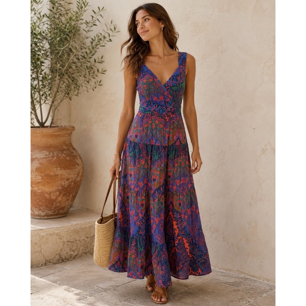 J Crew Tiered Paisley Sleeveless Maxi Dress Womens 10 100% Cotton Boho Cottage
